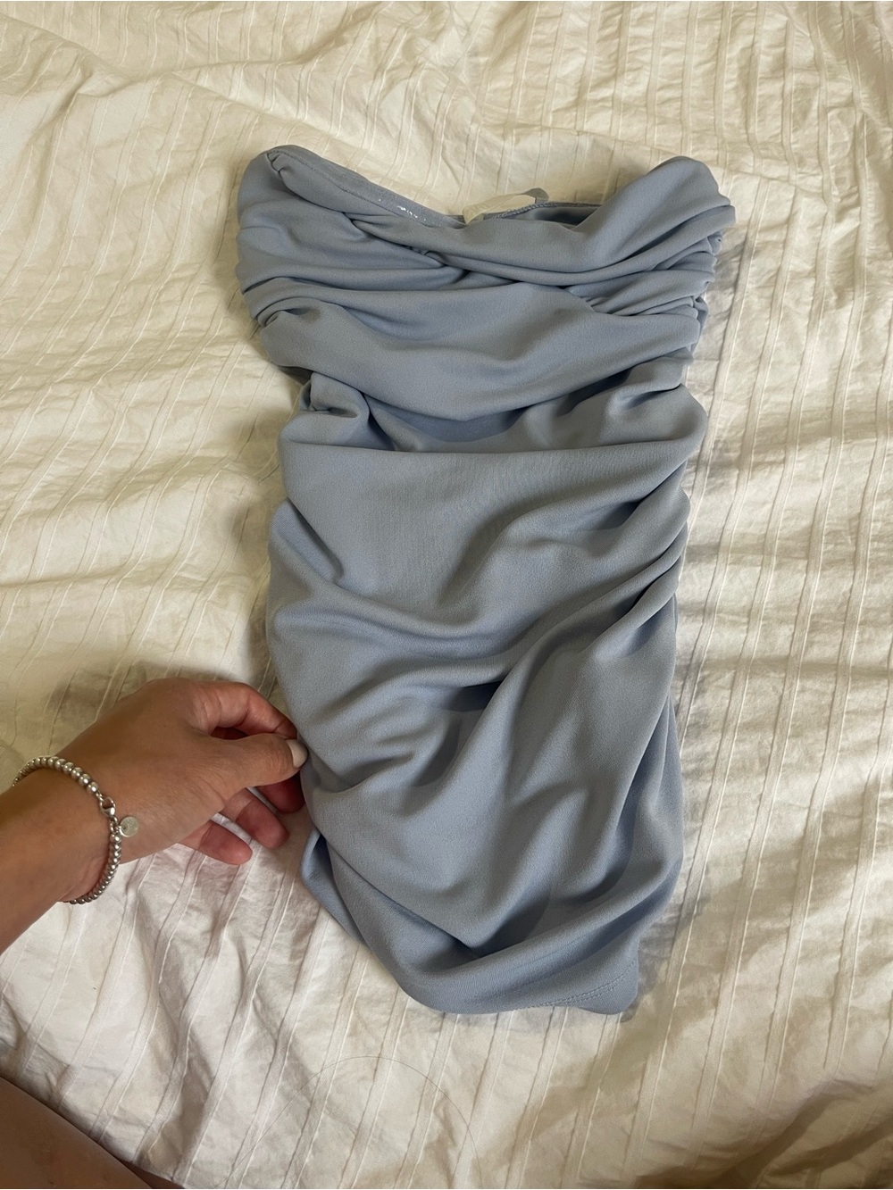 Zara Strapless Ruched Crop Top in Light Blue